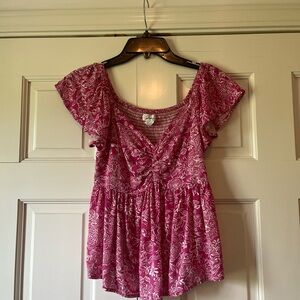 Japna Pink Flutter Sleeve Ruched Blouse